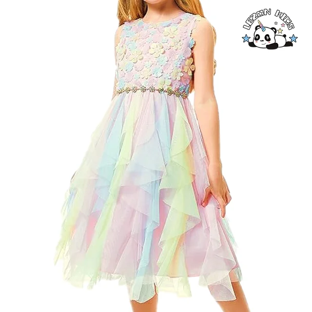 LEZONKIDS - New Arrival Girls Summer Rainbow Tulle Dress Flowers Party Dance Dresses For Girls 3-8 Years